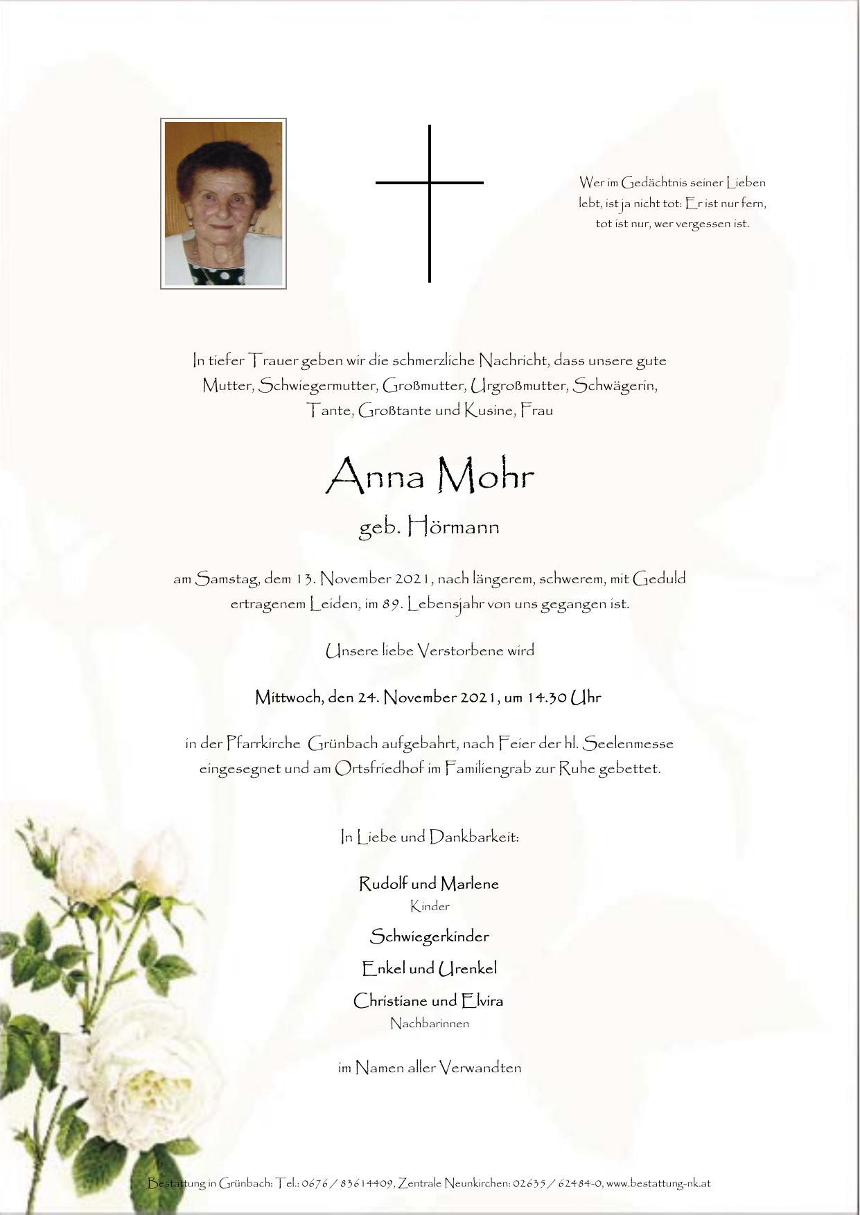 Traueranzeige von Anna Mohr