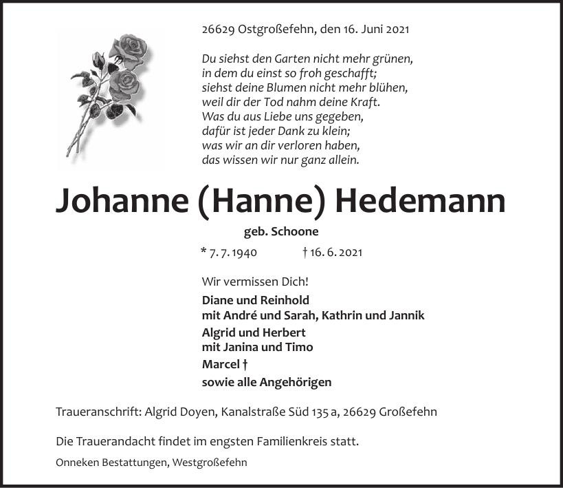 Traueranzeige von Johanne Hedemann