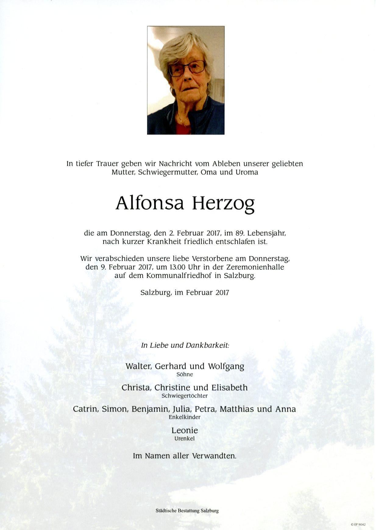 Traueranzeige von Alfonsa Herzog