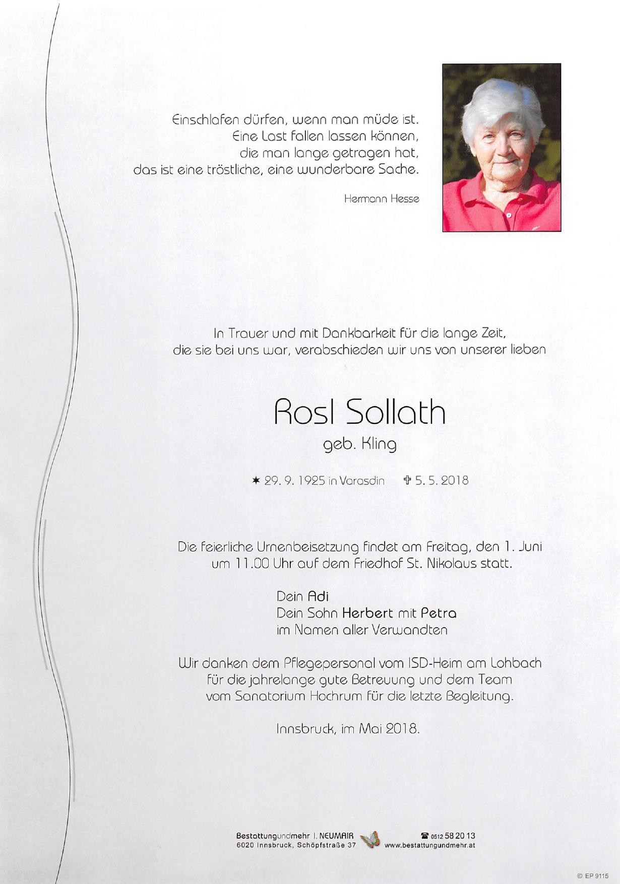 Traueranzeige von Rosalia Sollath