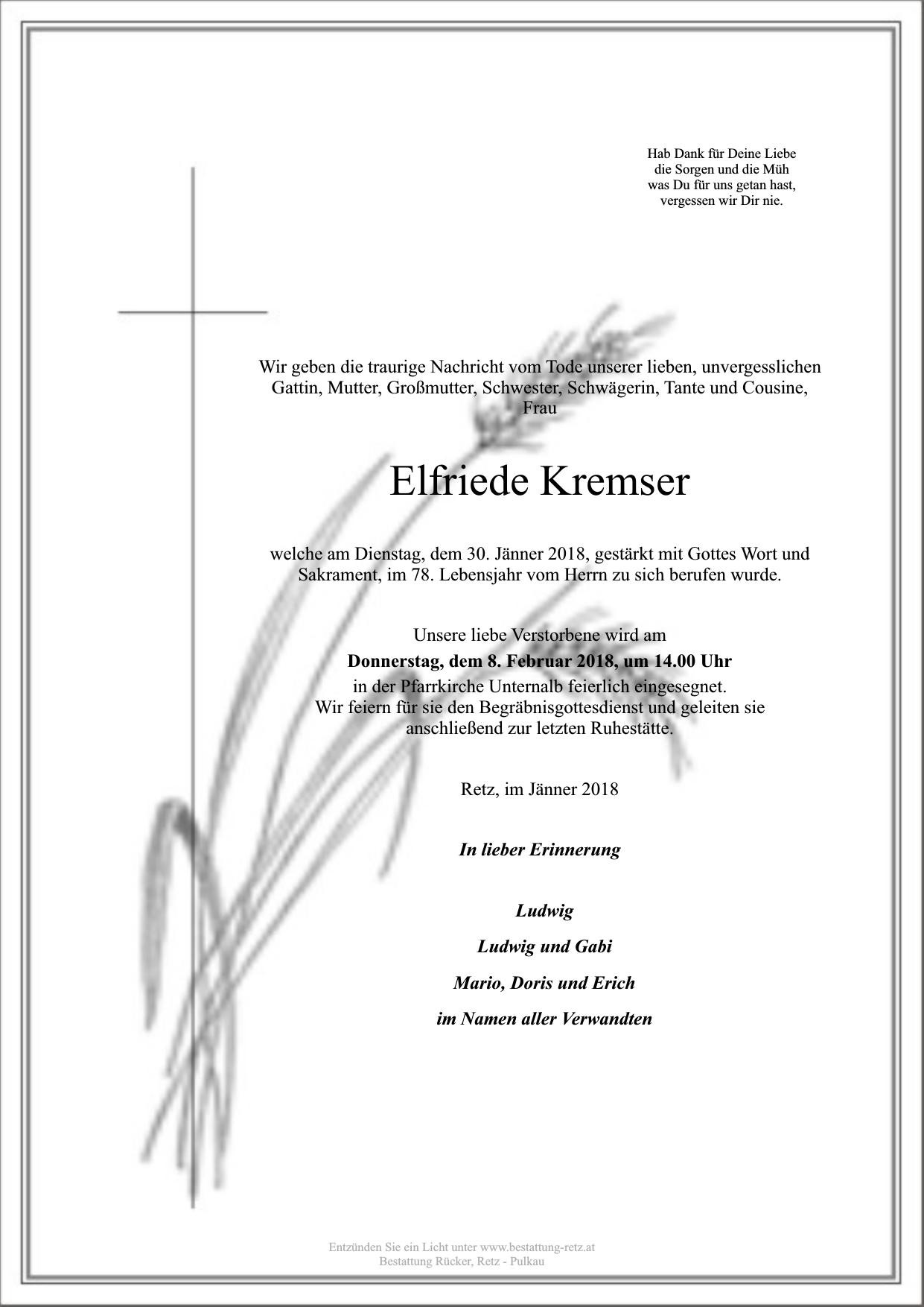 Traueranzeige von Elfriede Kremser