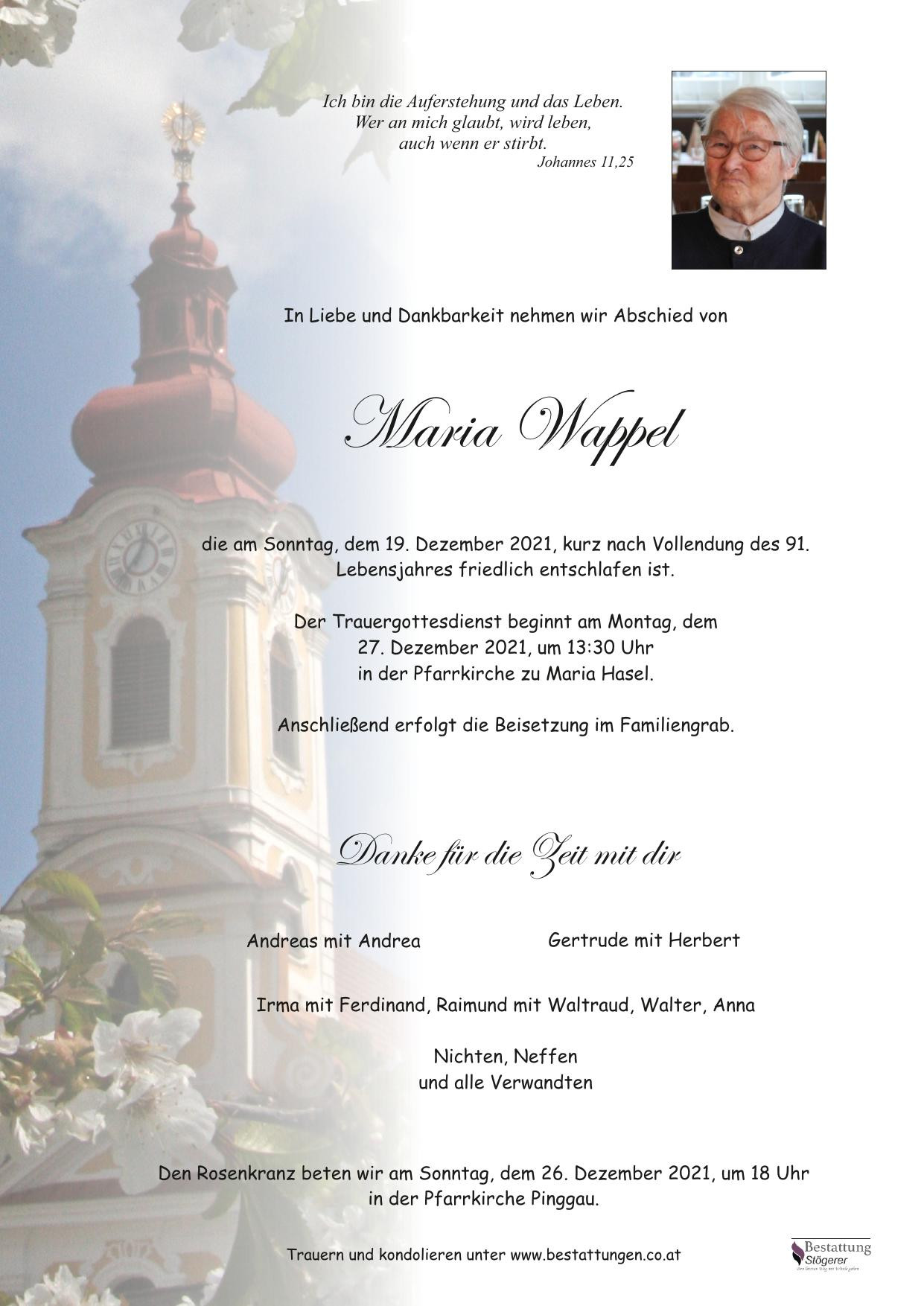 Traueranzeige von Maria Wappel