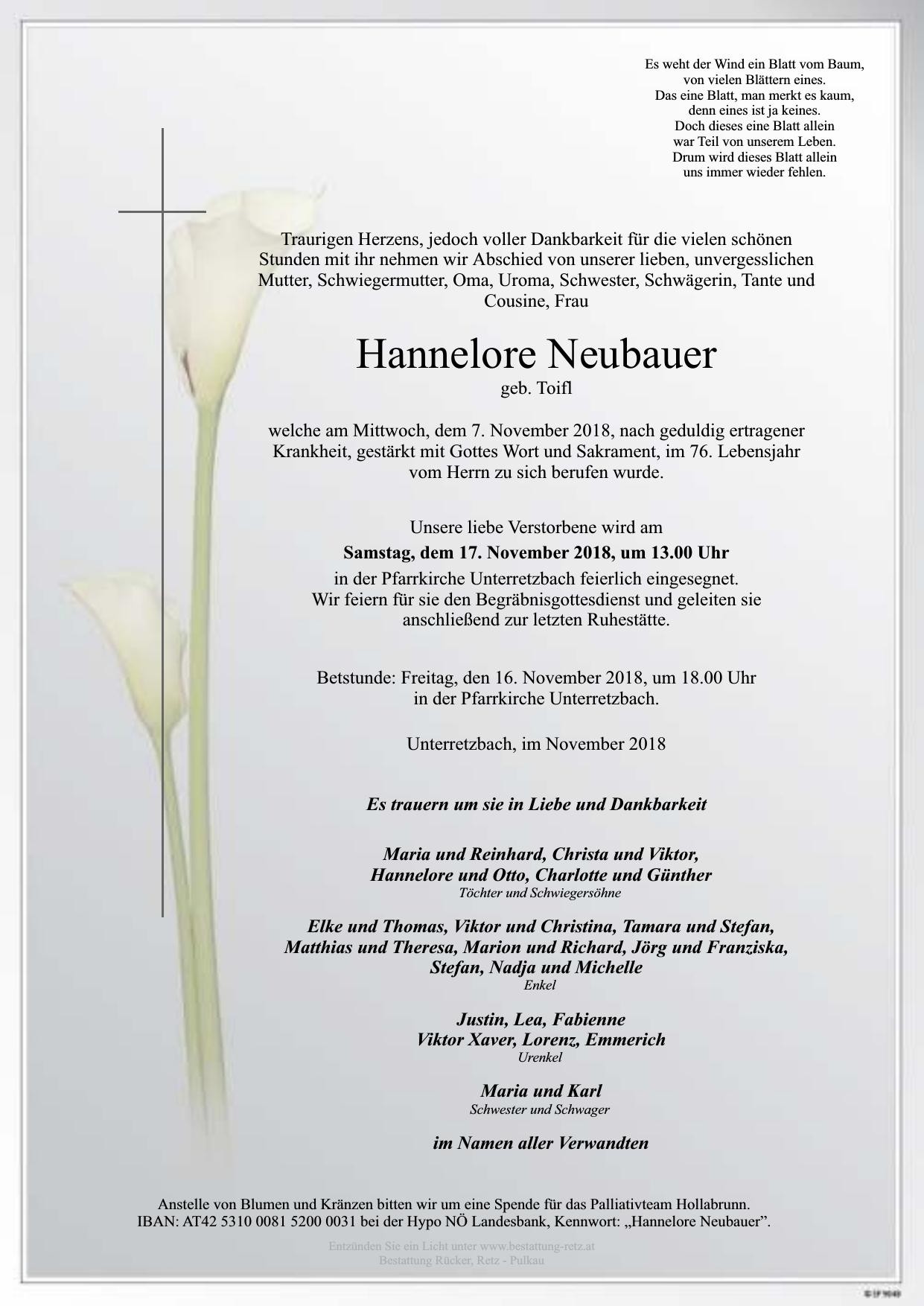 Traueranzeige von Hannelore Neubauer