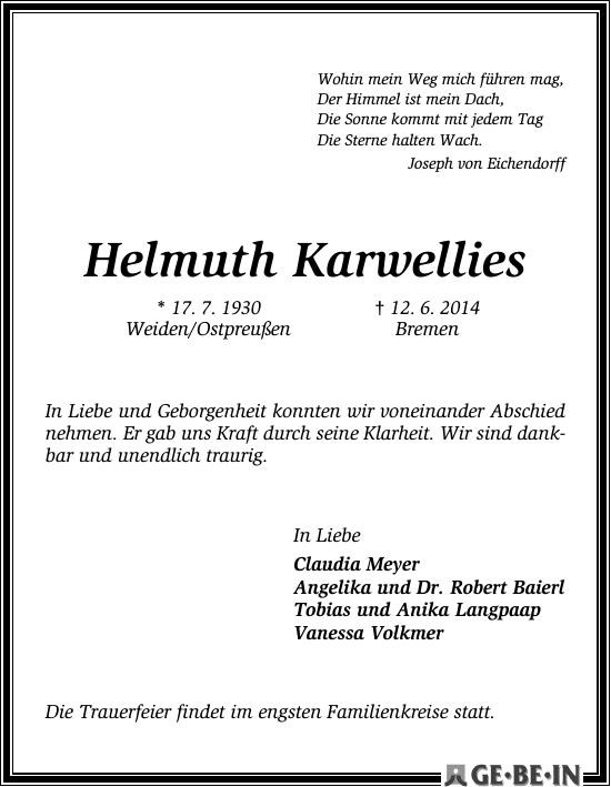 Traueranzeige von Helmuth Karwellies