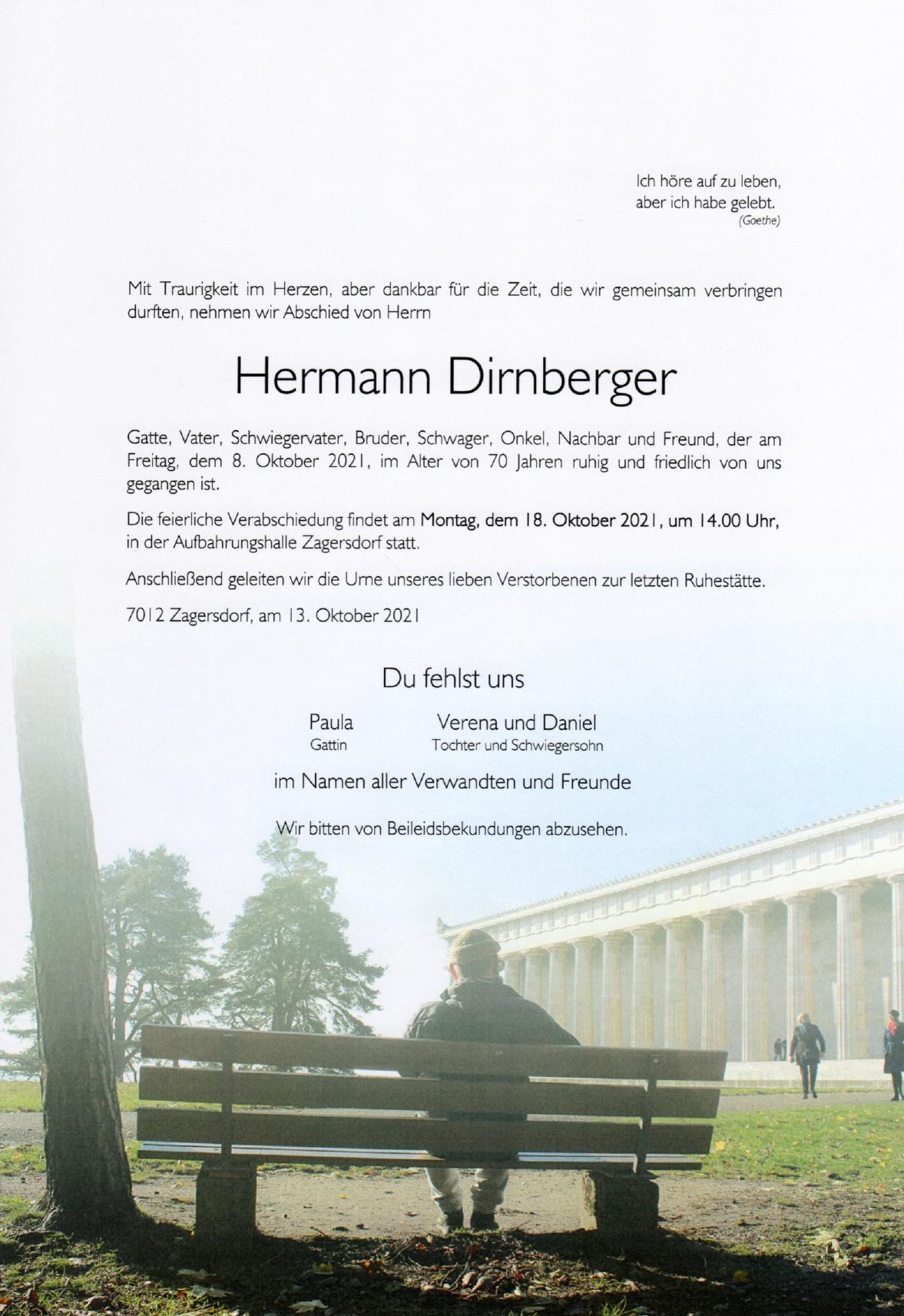 Traueranzeige von Hermann Dirnberger