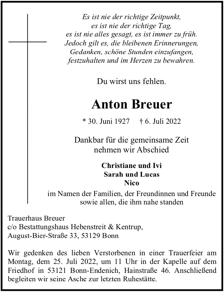 Traueranzeige von Anton Breuer