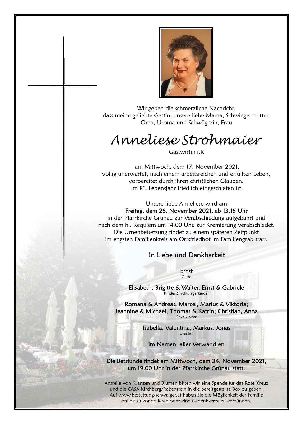 Traueranzeige von Anneliese Strohmaier