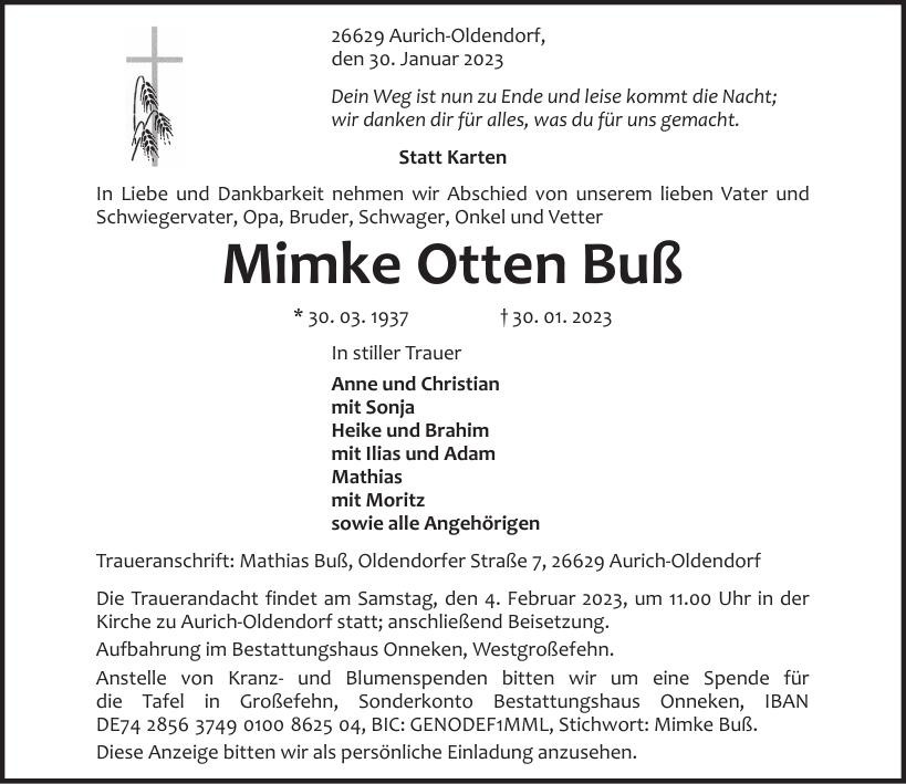 Traueranzeige von Mimke Buß