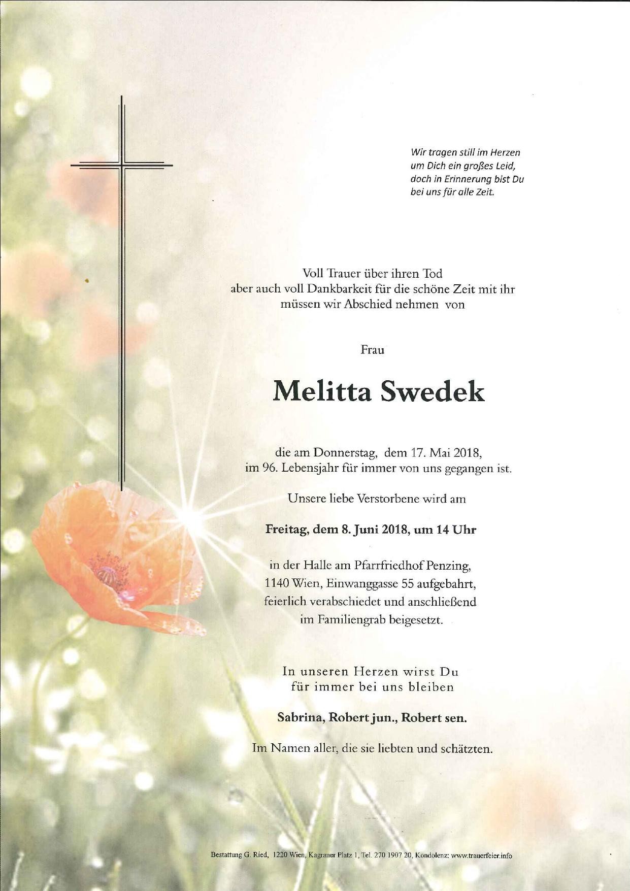 Traueranzeige von Melitta Swedek