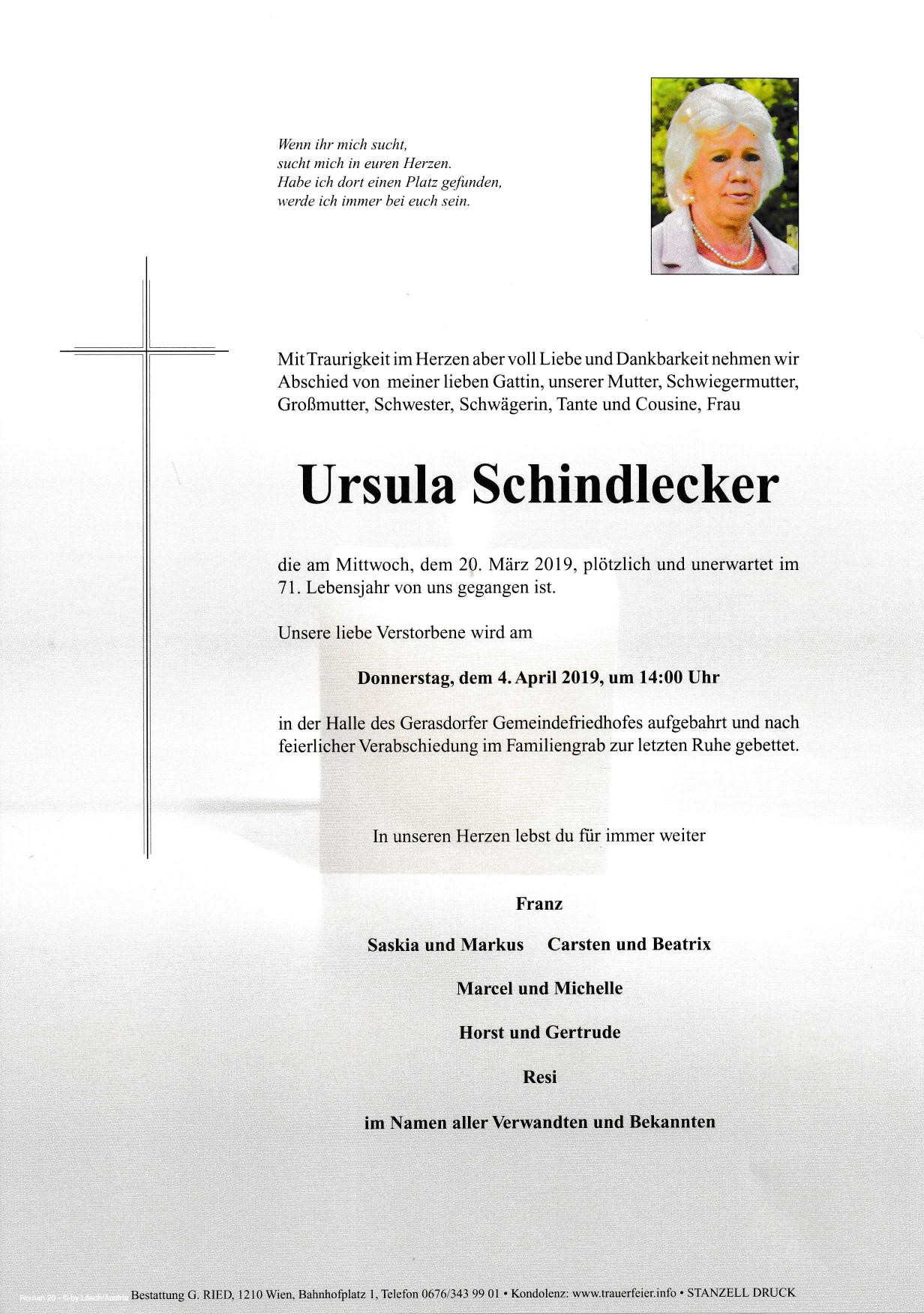 Traueranzeige von Ursula Schindlecker