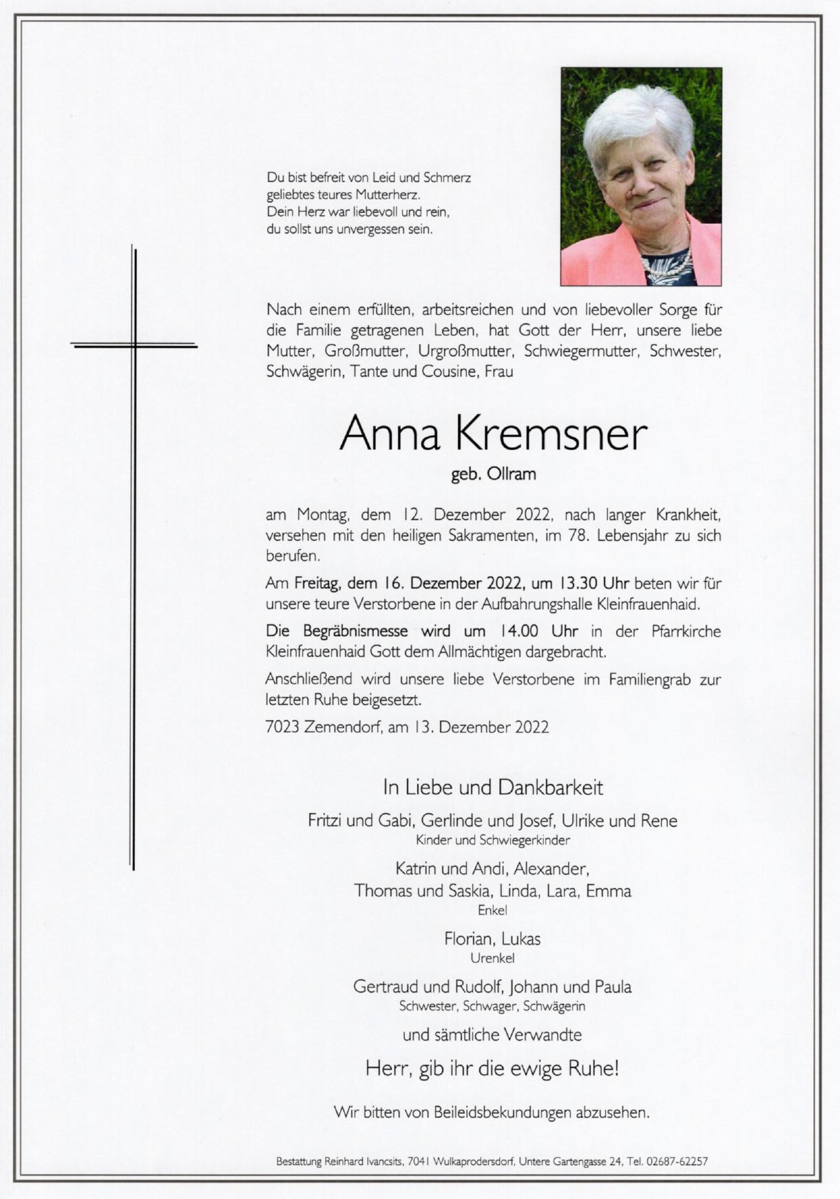 Traueranzeige von Anna Kremsner