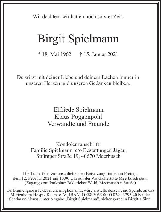 Traueranzeige von Birgit Spielmann