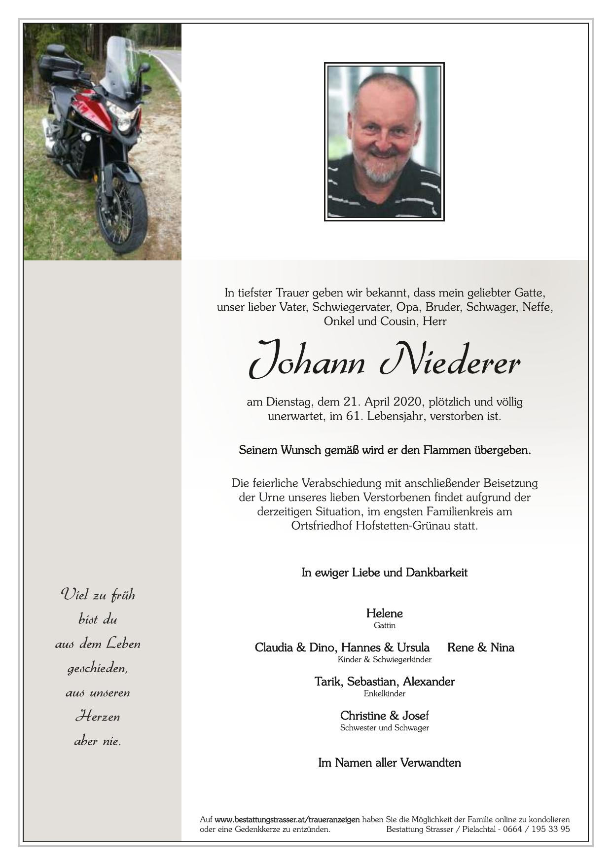 Traueranzeige von Johann Niederer