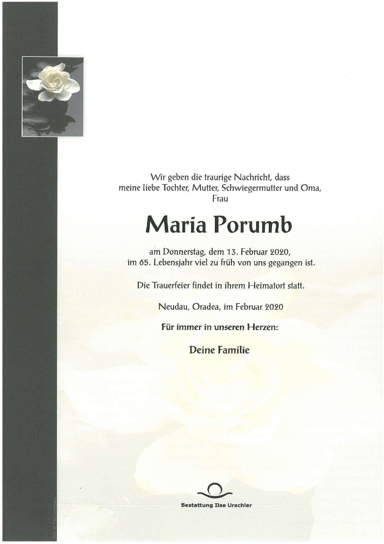Traueranzeige von Maria Porumb