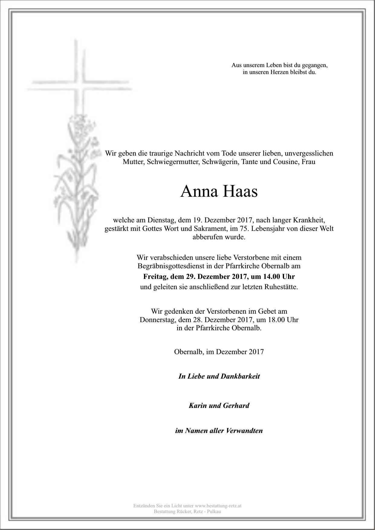 Traueranzeige von Anna Haas