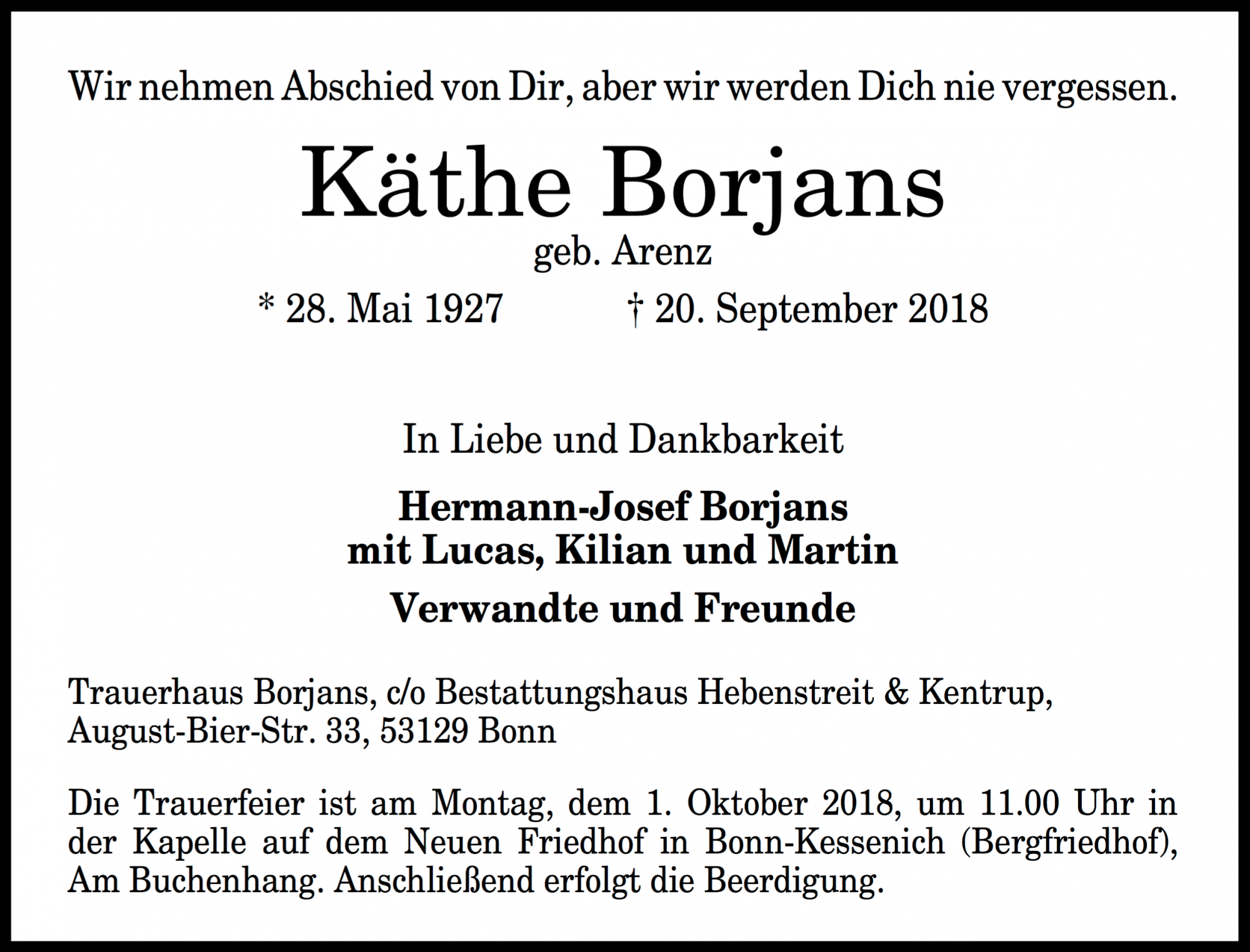 Traueranzeige von Käthe Borjans