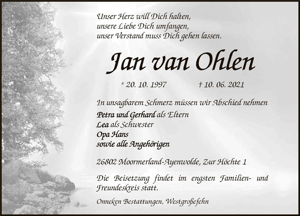 Traueranzeige von Jan van Ohlen