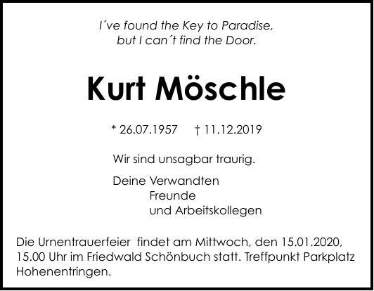 Traueranzeige von Kurt Möschle