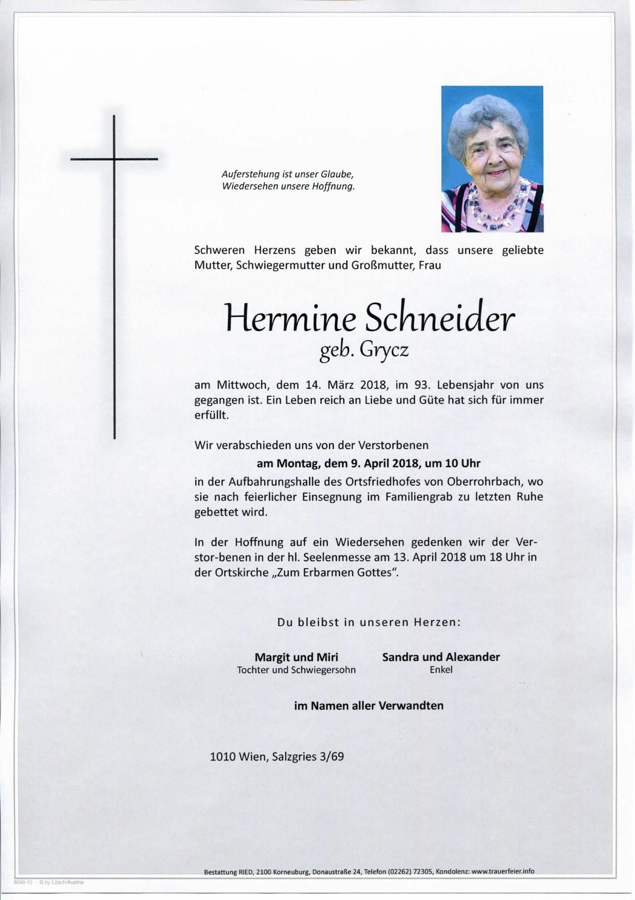 Traueranzeige von Hermine Schneider