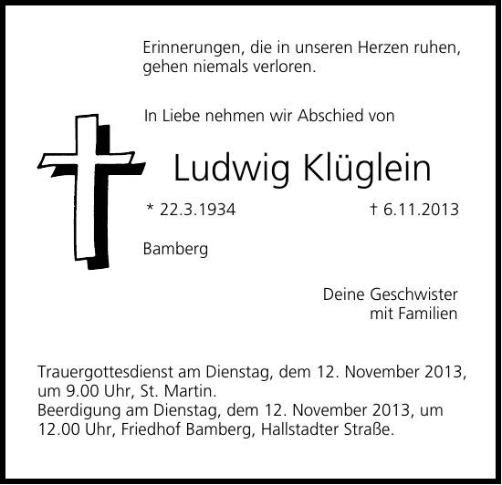 Traueranzeige von Ludwig Klüglein