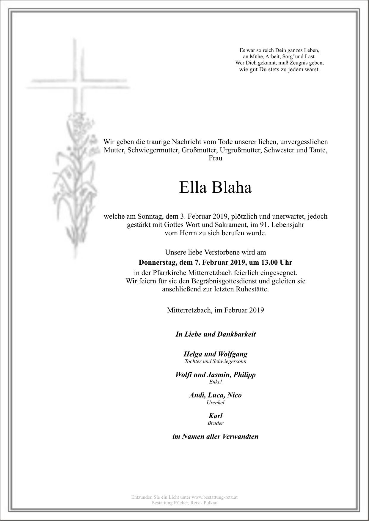 Traueranzeige von Ella Blaha
