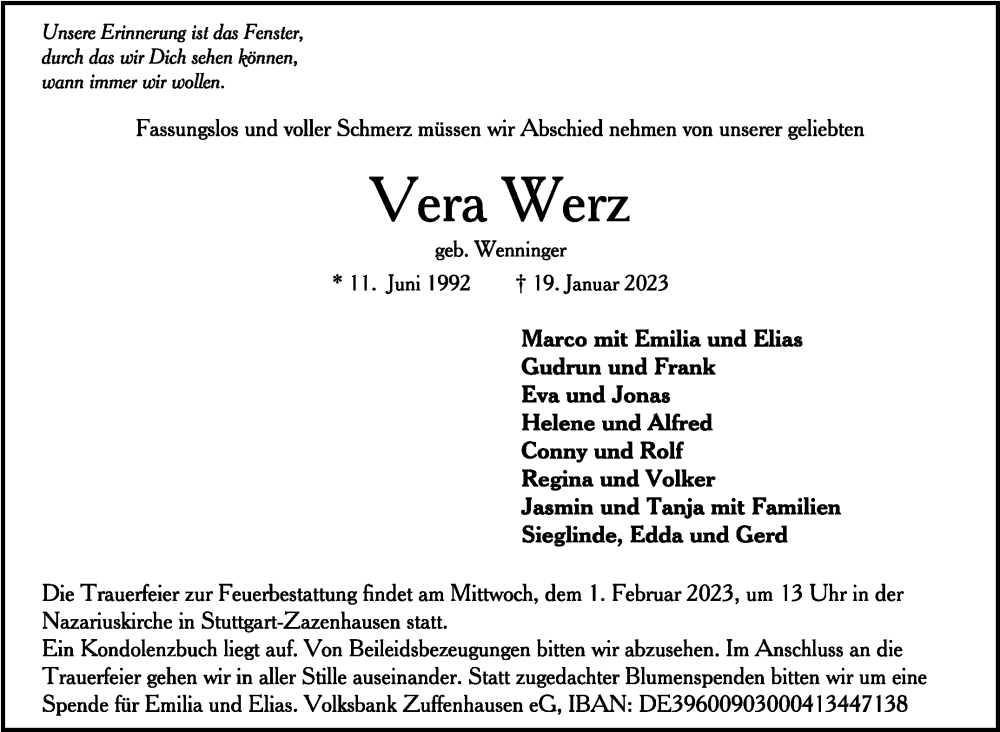Traueranzeige von Vera Werz