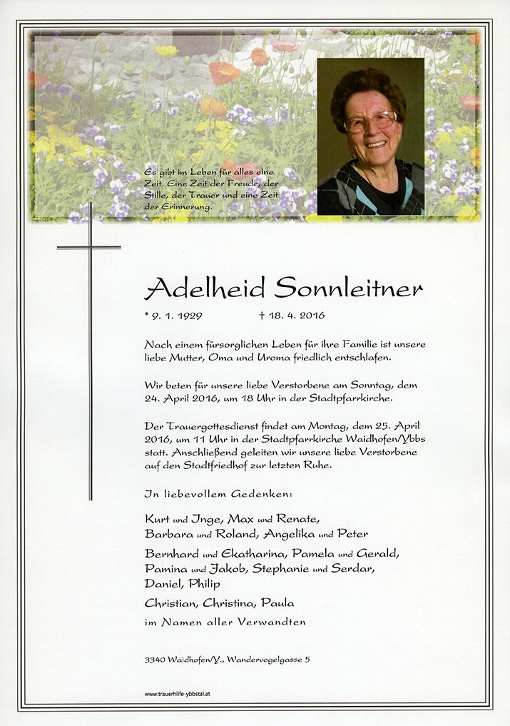 Traueranzeige von Adelheid Sonnleitner