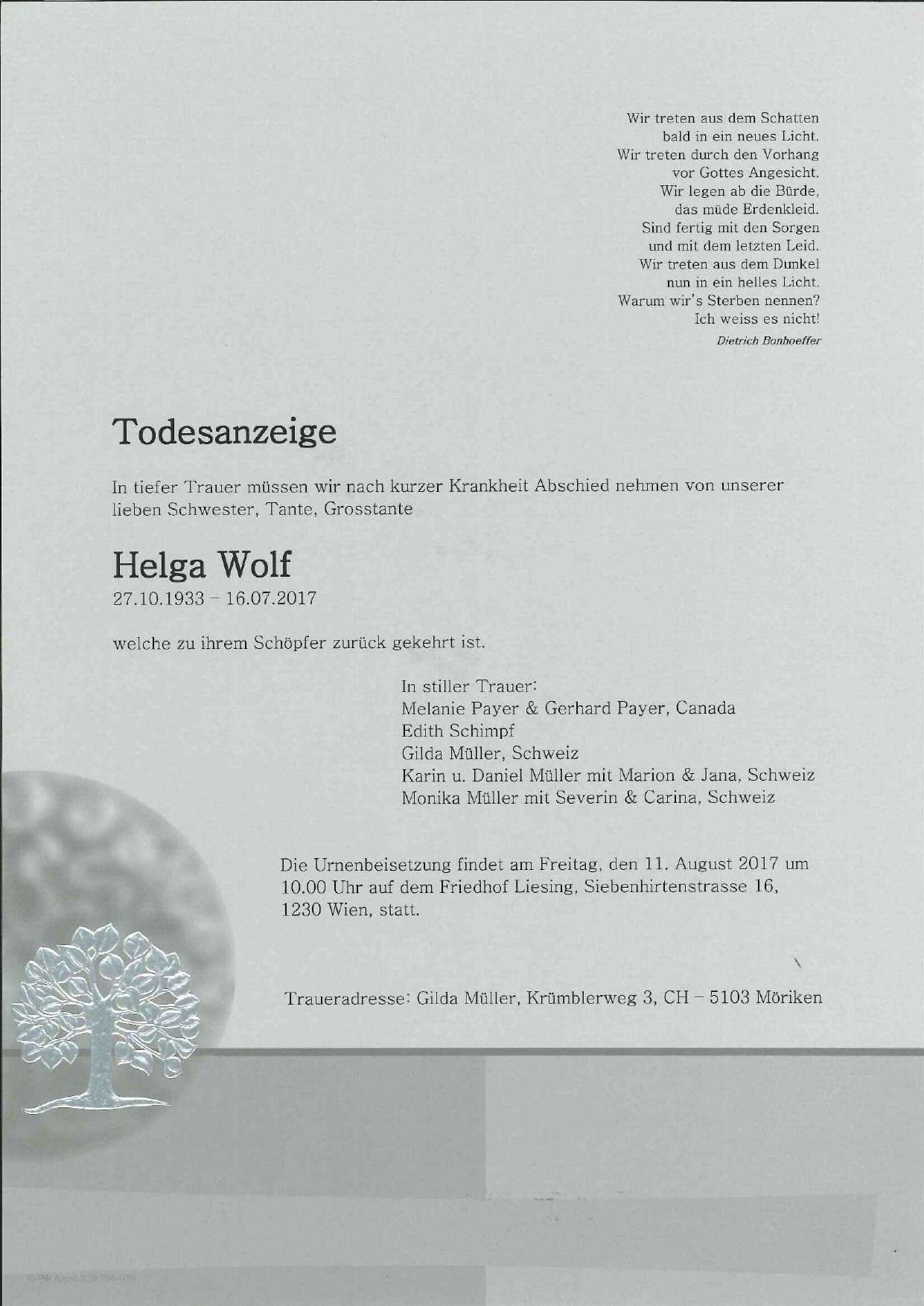 Traueranzeige von Helga Wolf