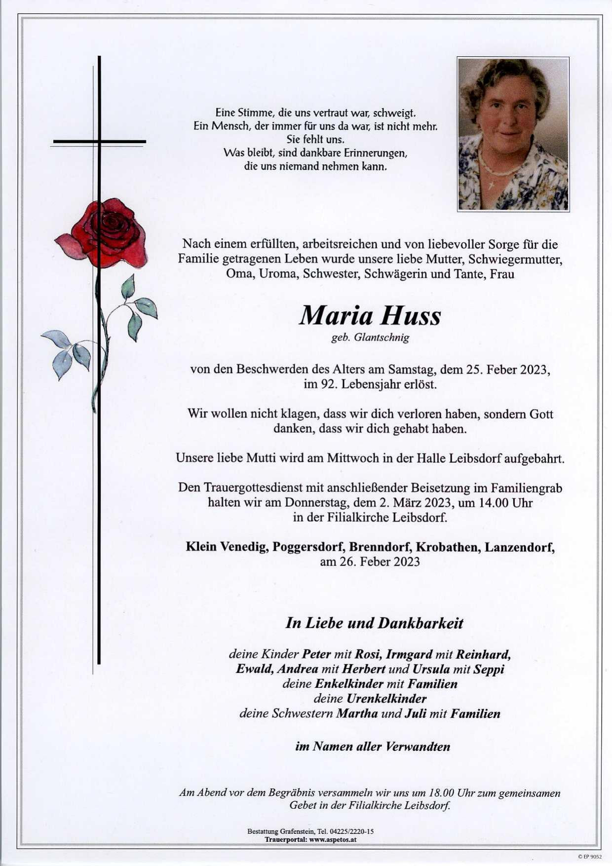 Traueranzeige von Maria Huss