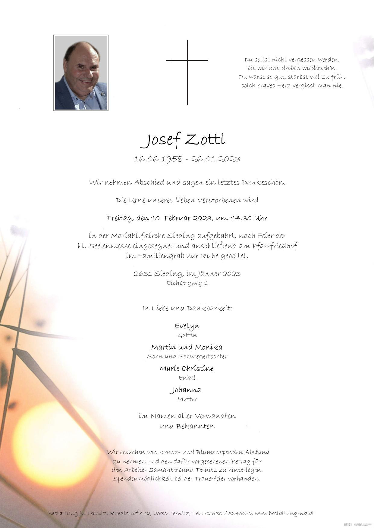 Traueranzeige von Josef Zottl