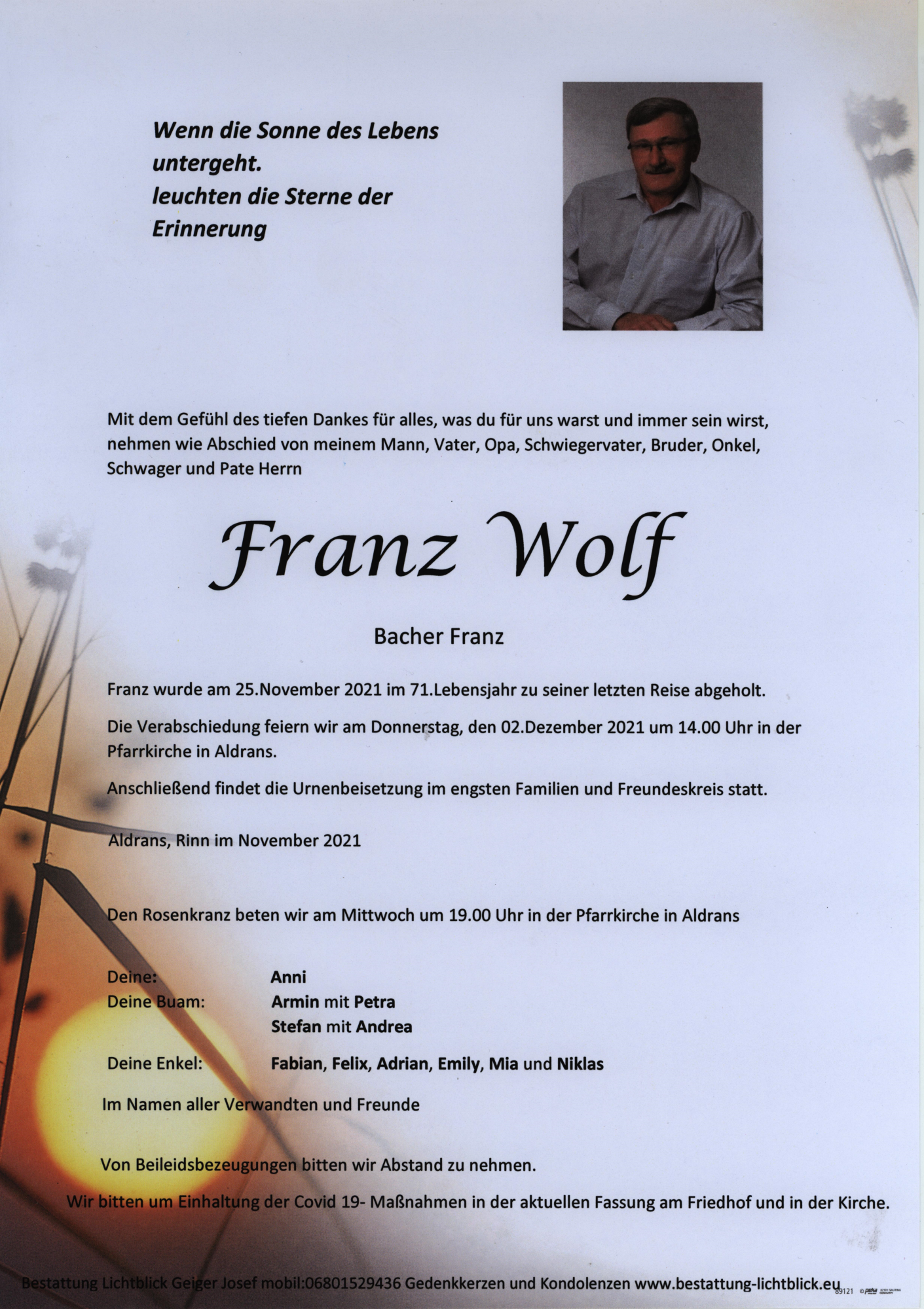Traueranzeige von Franz Wolf
