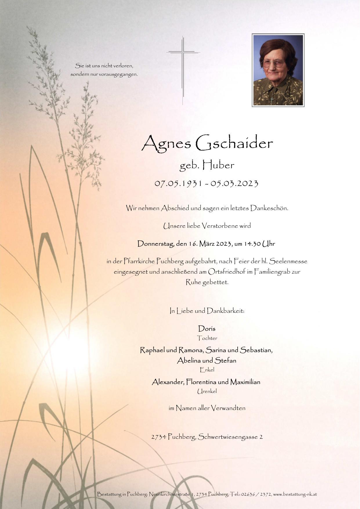 Traueranzeige von Agnes Gschaider