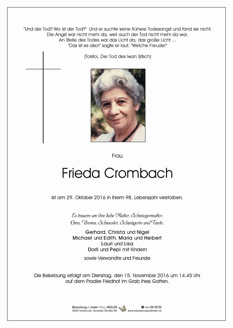Traueranzeige von Frieda Crombach