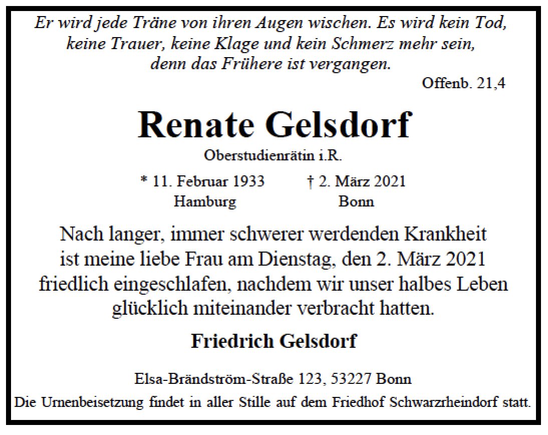 Traueranzeige von Renate Gelsdorf