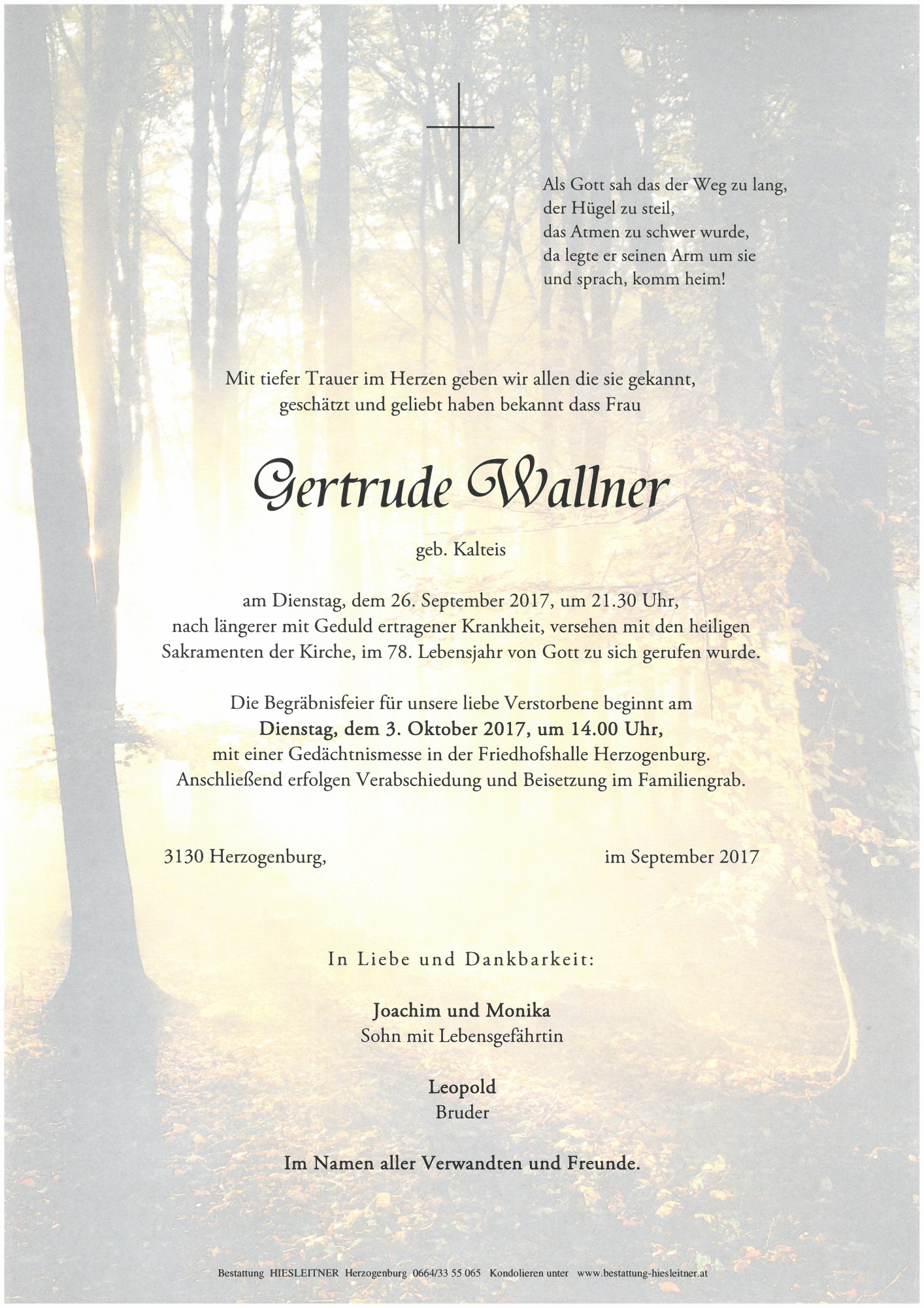 Traueranzeige von Gertrude Wallner