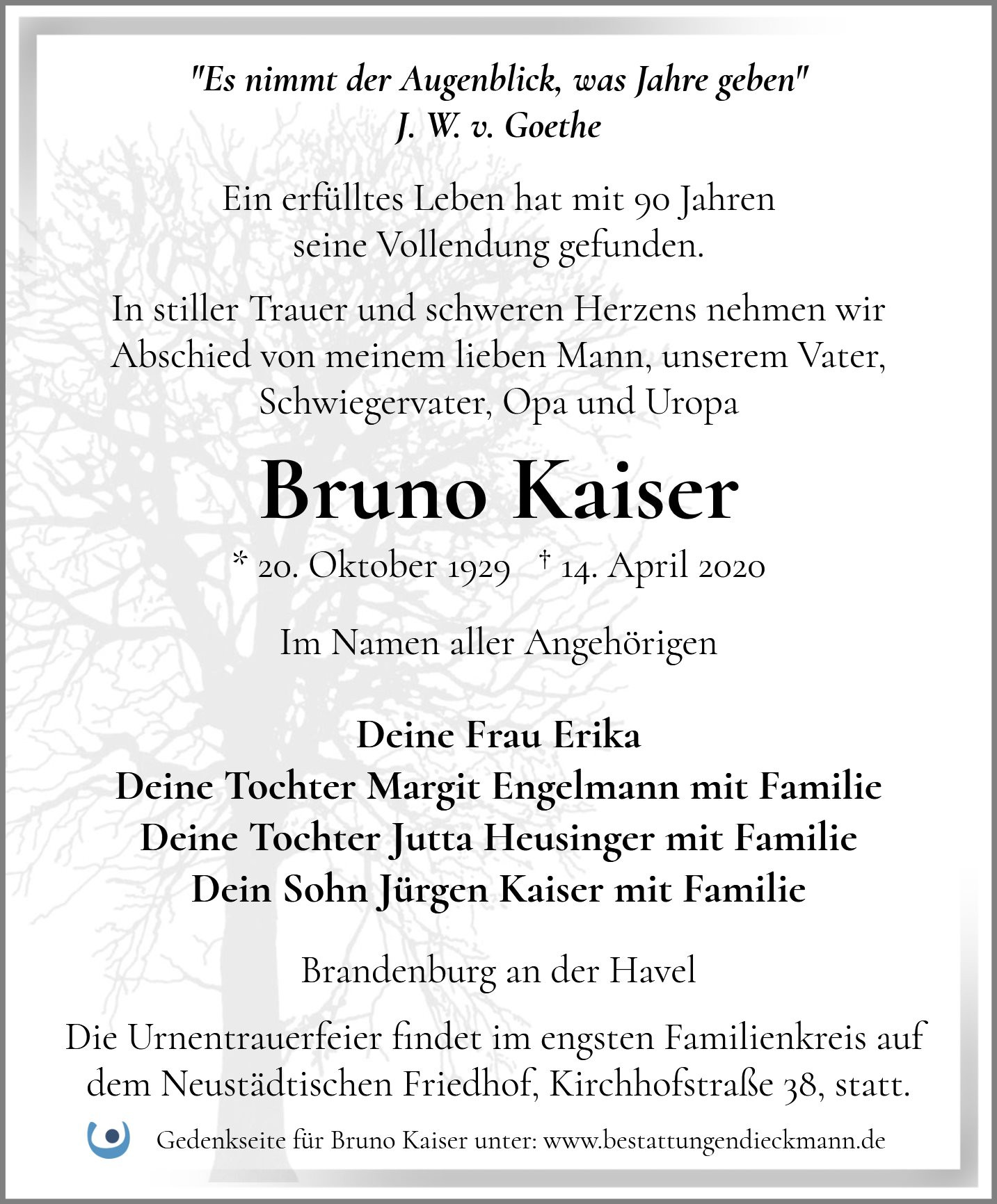 Traueranzeige von Bruno Kaiser