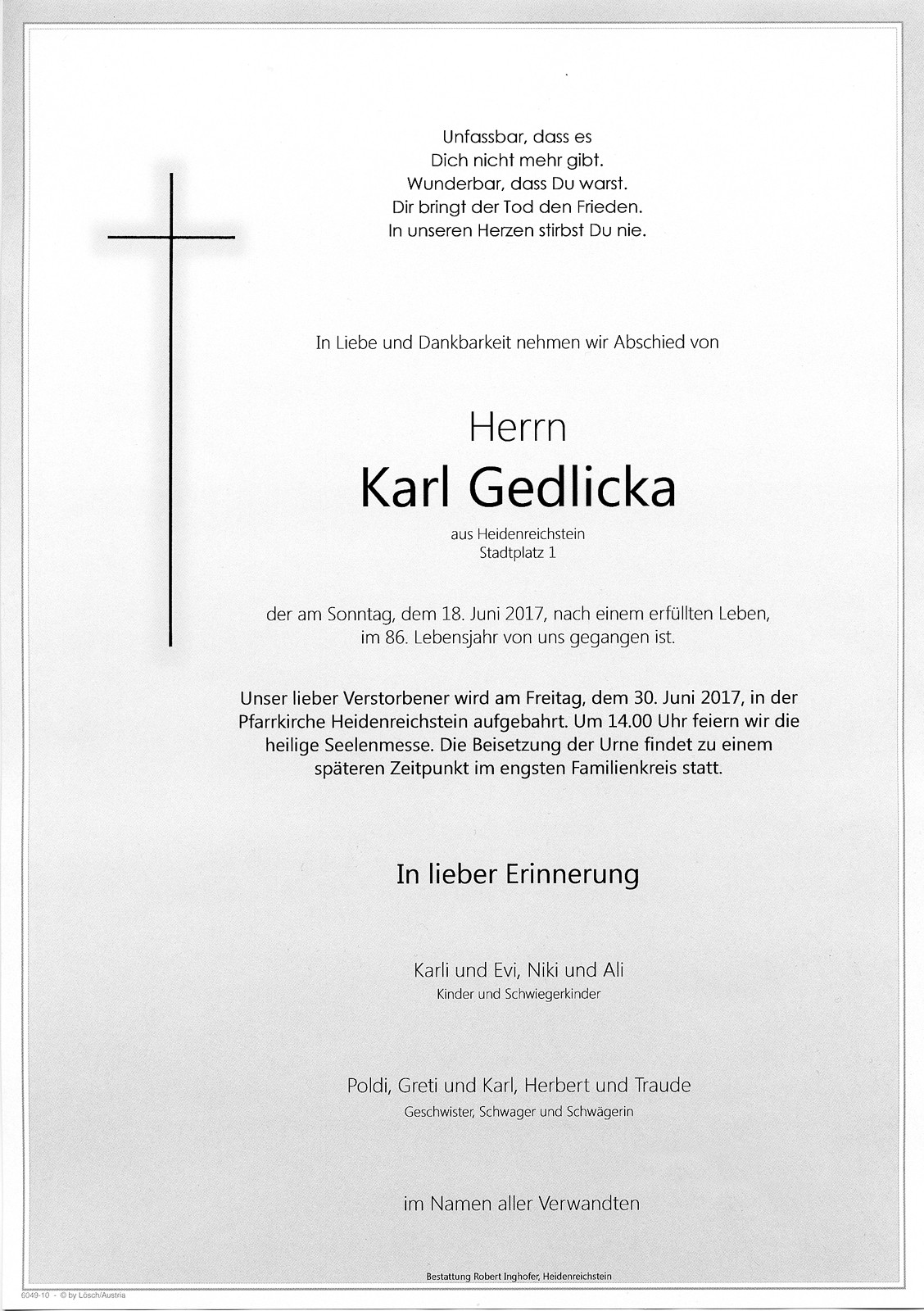 Traueranzeige von Karl Gedlicka