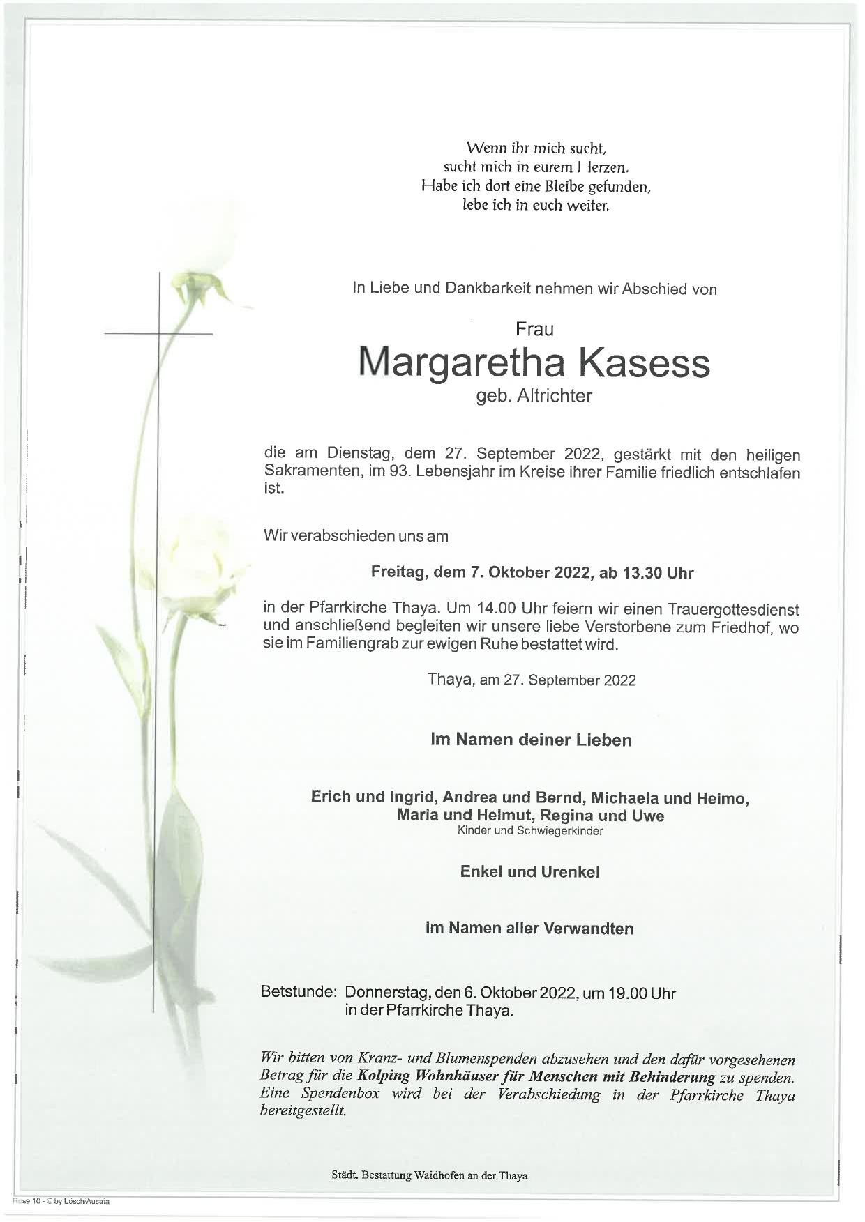 Traueranzeige von Margaretha Kasess