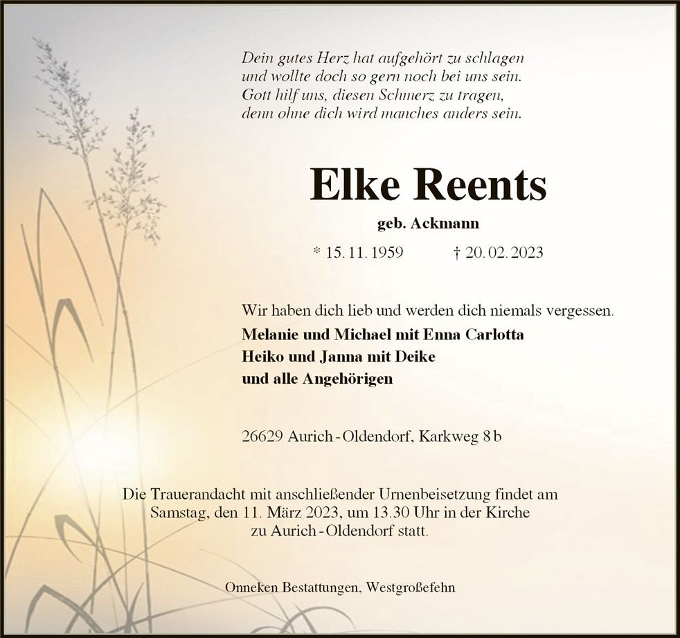 Traueranzeige von Elke Reents