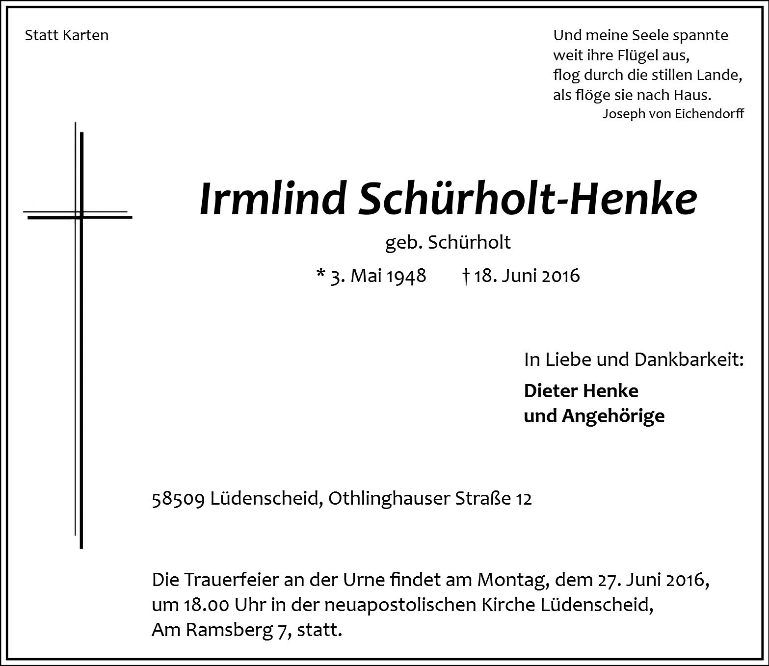Traueranzeige von Irmlind Schürholt-Henke