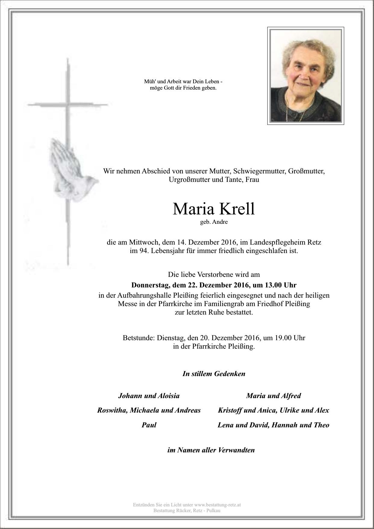 Traueranzeige von Maria Krell
