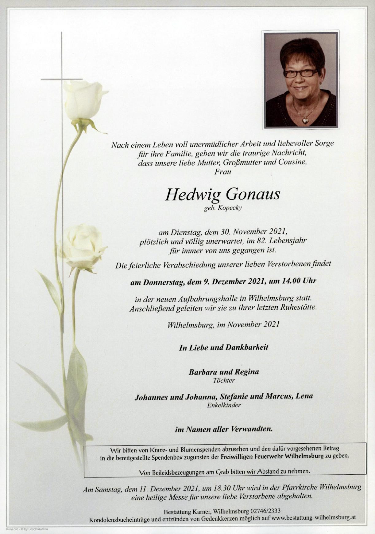 Traueranzeige von Hedwig Gonaus