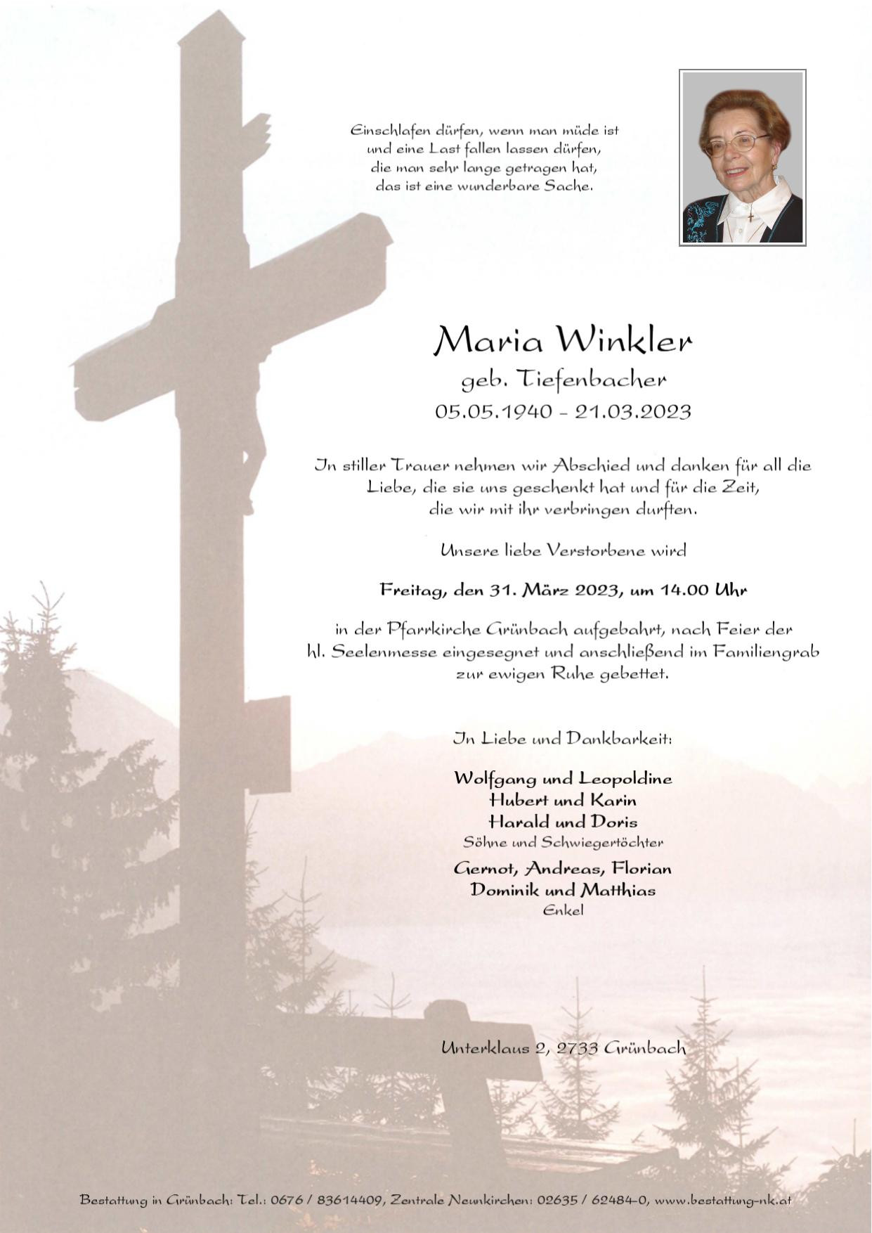 Traueranzeige von Maria Winkler
