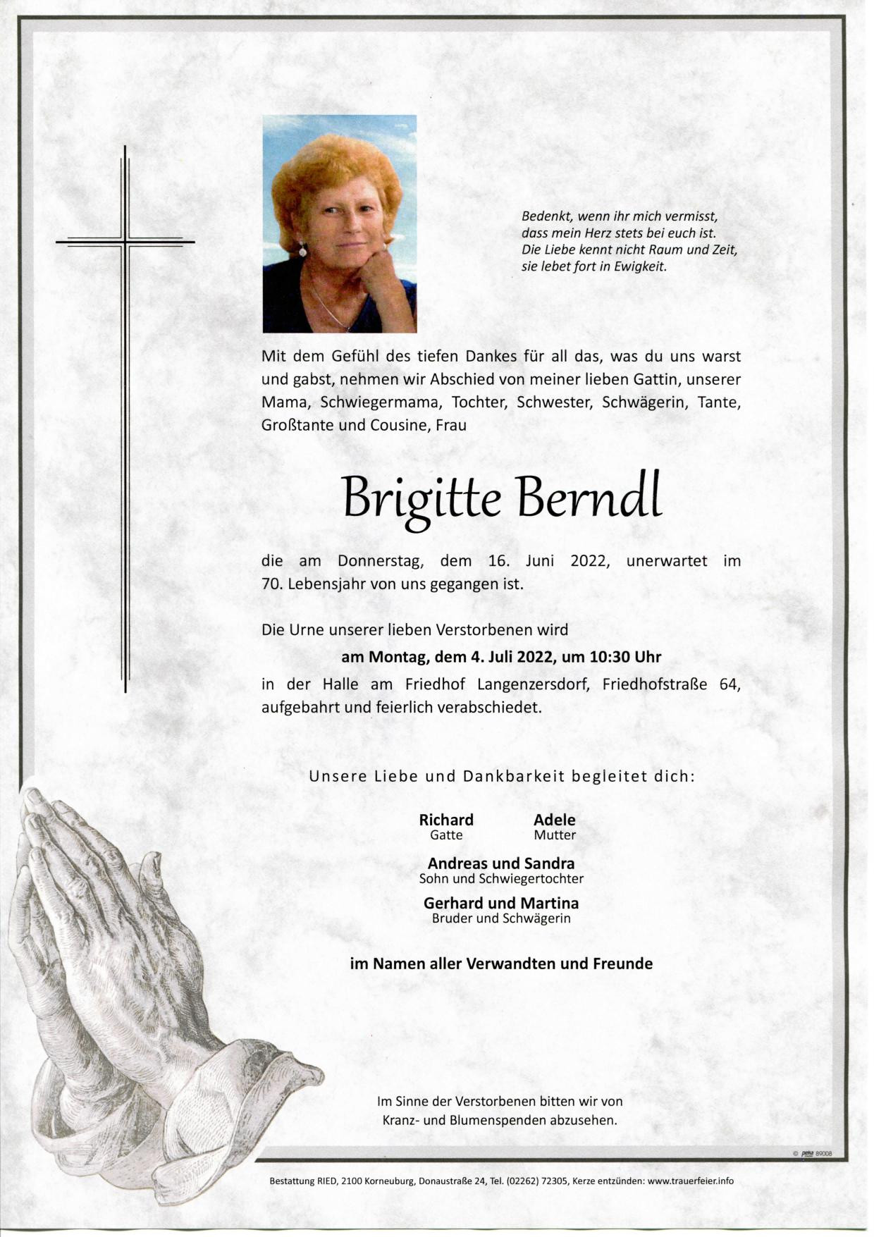 Traueranzeige von Brigitte Berndl