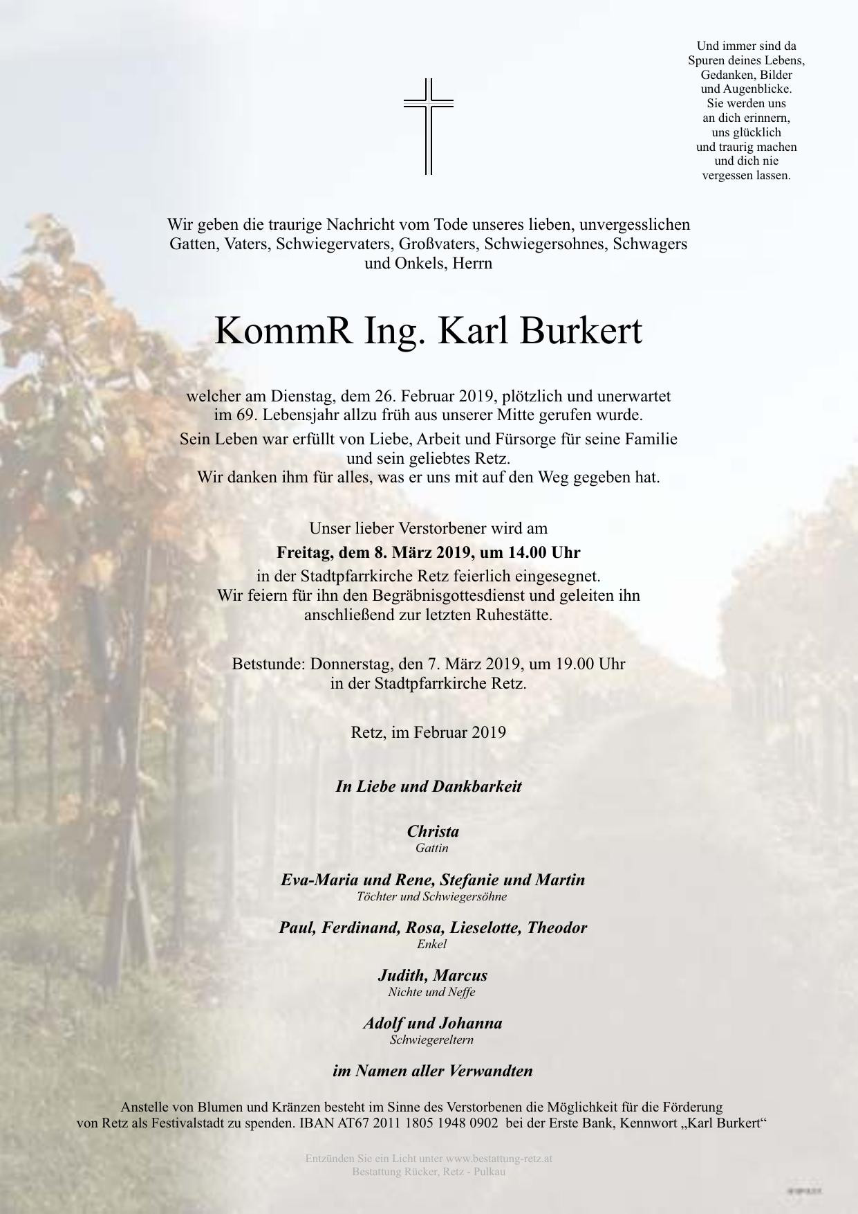 Traueranzeige von KommR Ing. Karl Burkert