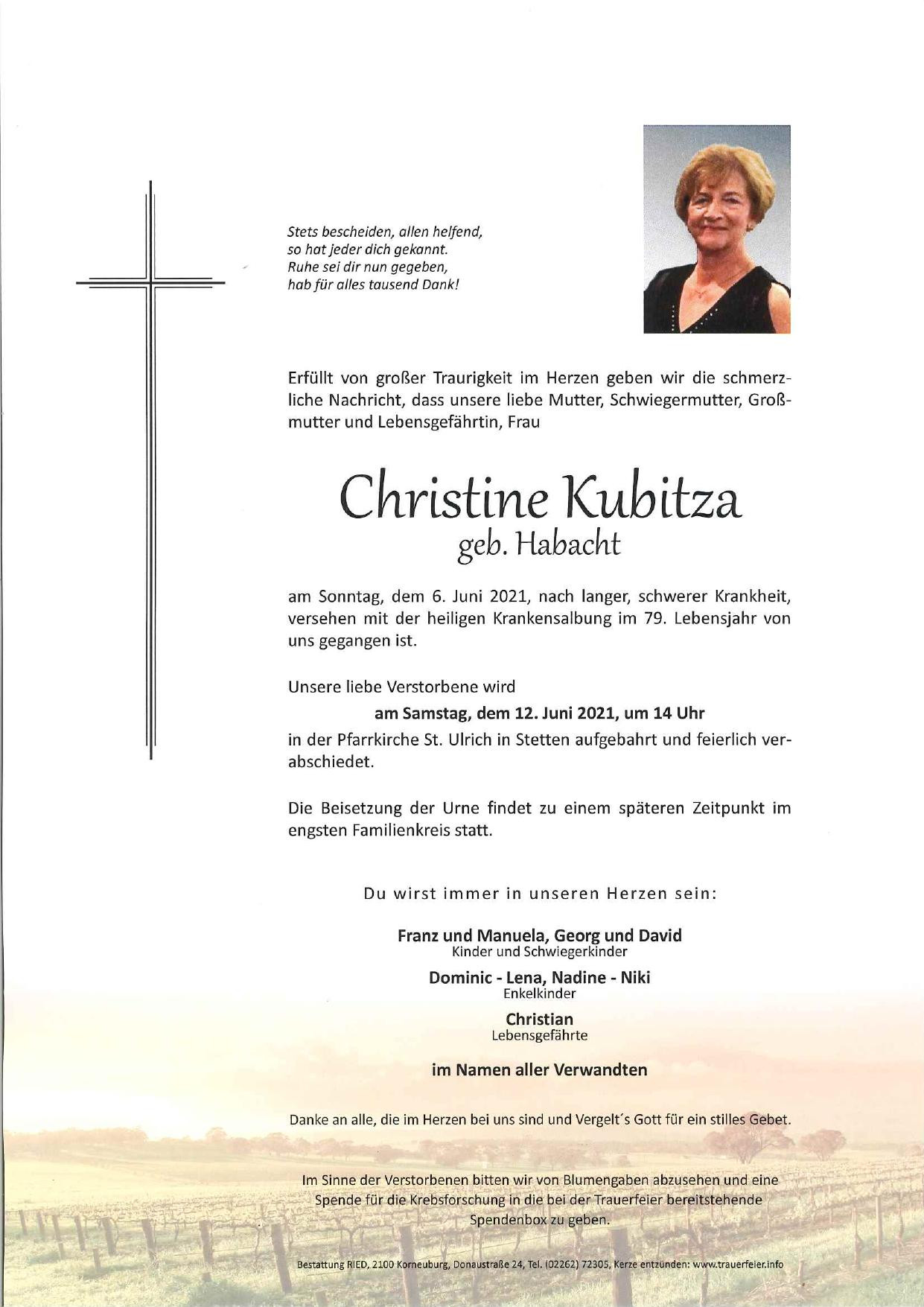 Traueranzeige von Christine Kubitza