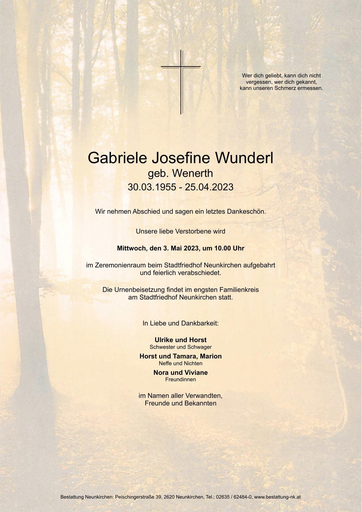 Traueranzeige von Gabriele Josefine Wunderl