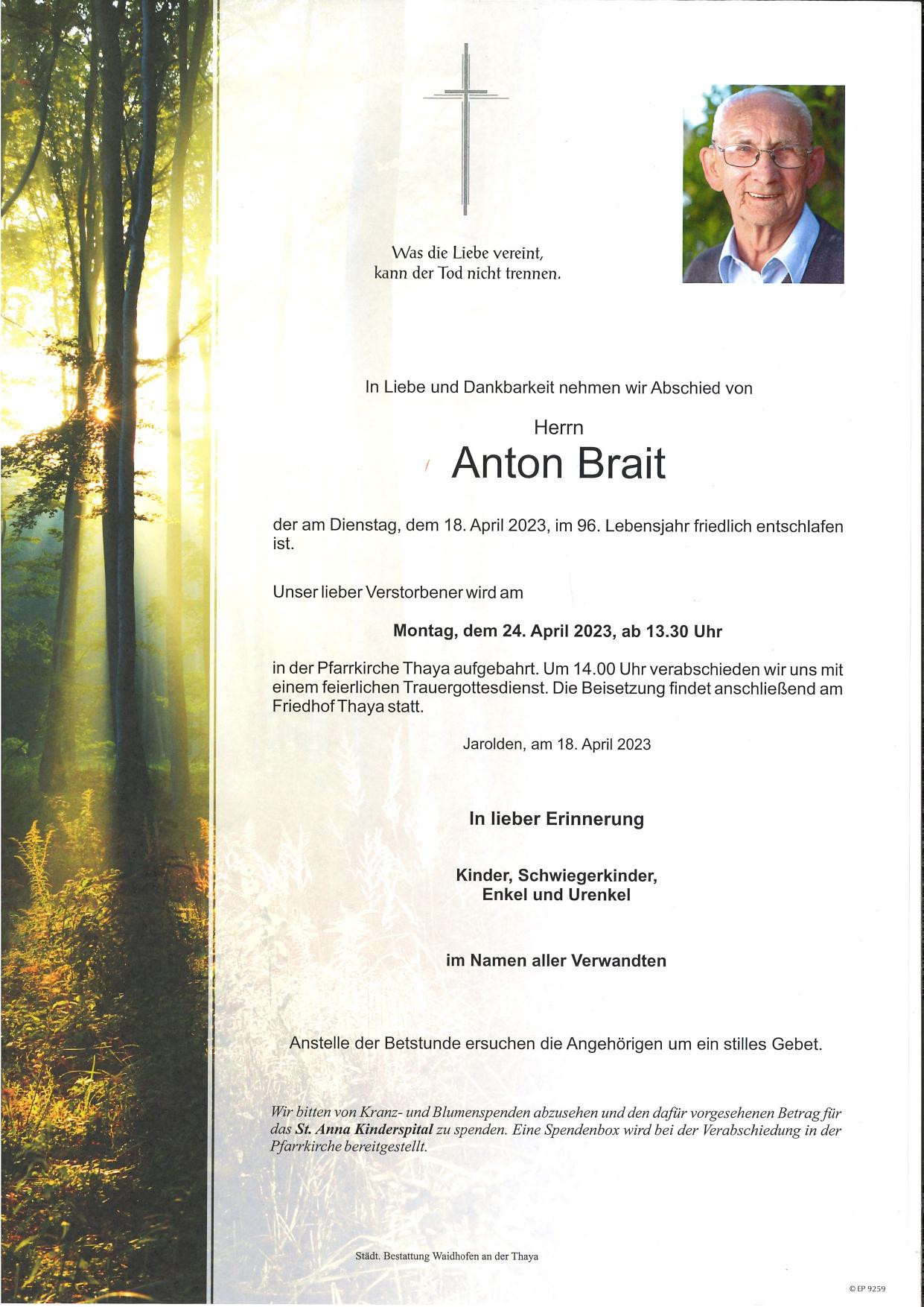 Traueranzeige von Anton Brait