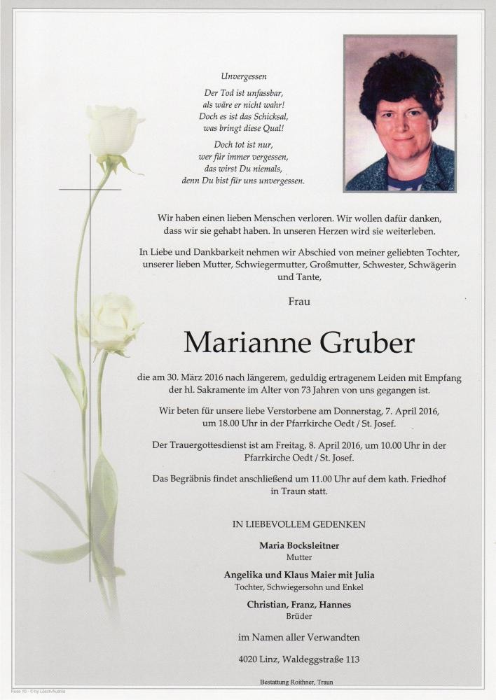 Traueranzeige von Marianne Gruber