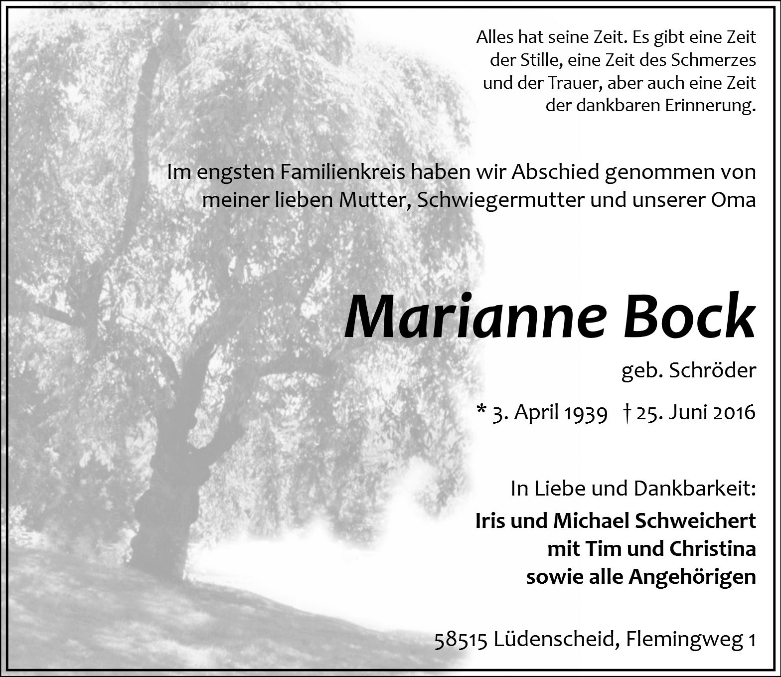 Traueranzeige von Marianne Bock